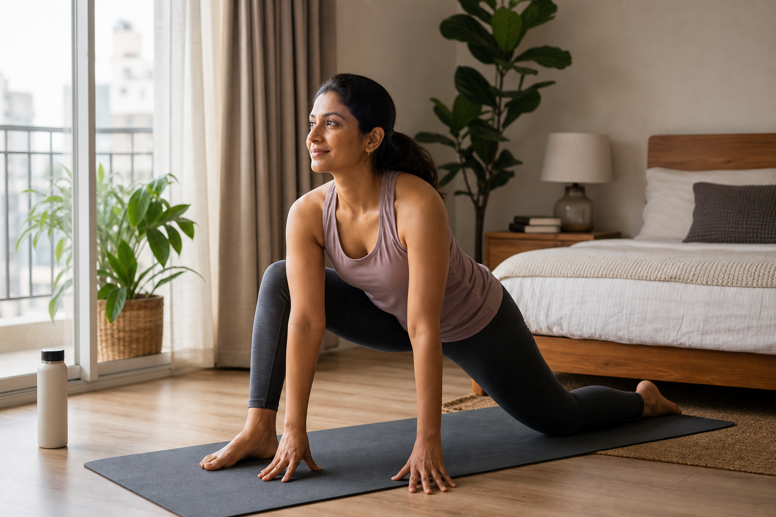An Indian woman doing a gentle yoga flow in a calm bedroom