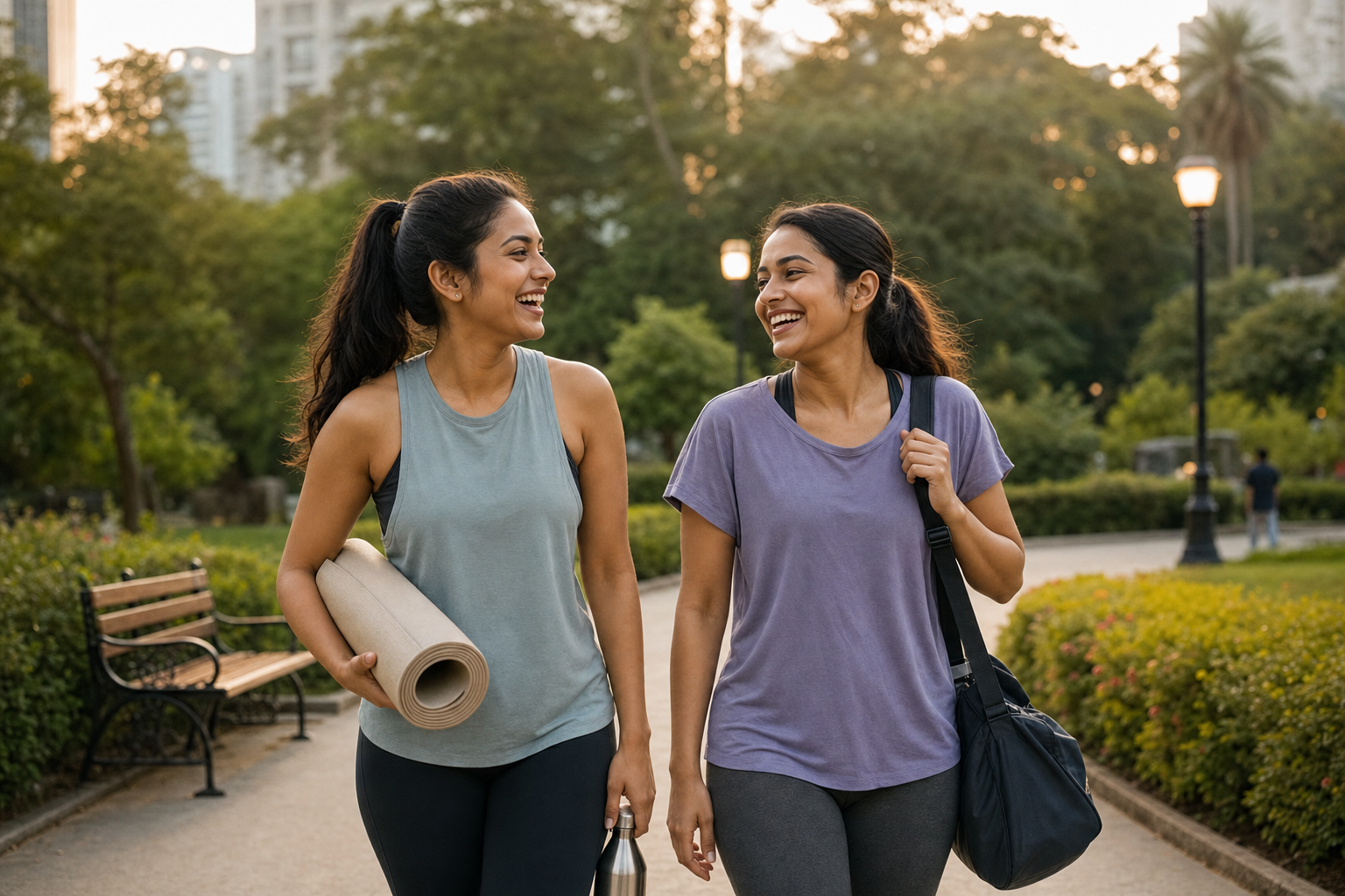 Two Indian working women walking together in a city park after work