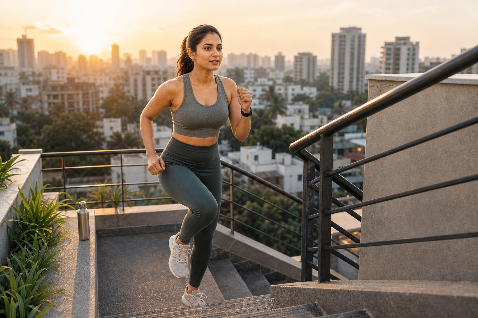 An Indian woman doing a warm-up on an apartment terrace at sunrise