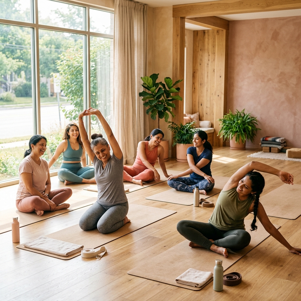Women stretching together in a calm, sunlit studio